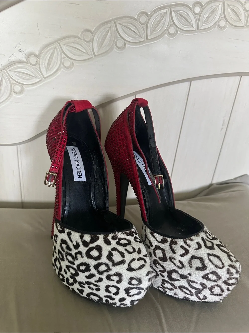 Steve Madden Red Rhinestone Ankle-Strap Pumps with Leopard-Print Toe